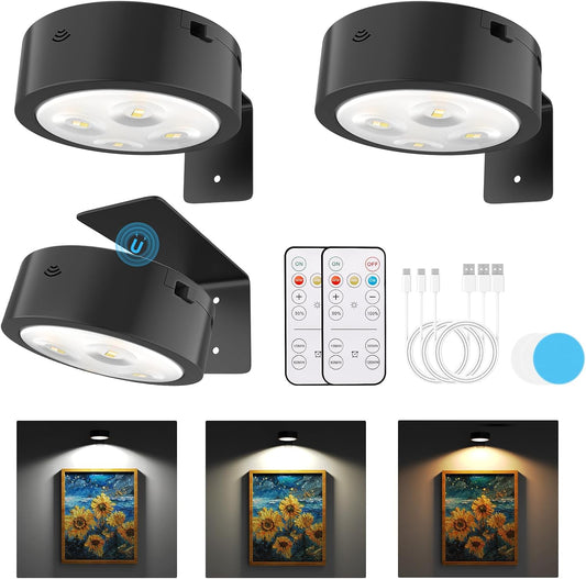 3 Pack Picture Lights for Wall, Rechargeable Battery Operated wall lights, Picture Frame lights with 3 Lighting Modes, Wireless Magnetic Painting Light with Remote Control Timer (White, 3 Pack)