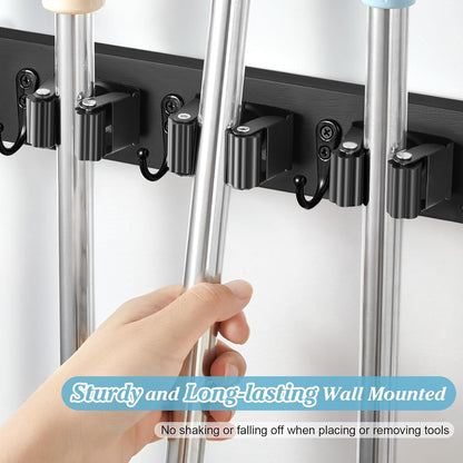 White Broom Holder Wall Mount - Heavy Duty Wood Mop and Broom Organizer with 5 Slots & 4 Hooks - Garden Tool Hanger for Laundry Room Closet Kitchen Garage Storage and Organization - Modern Home Decor
