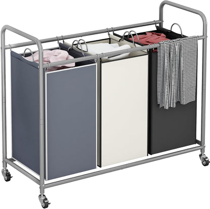 LINZINAR 3 Section Laundry Hamper, Black Laundry Basket 135L Laundry Sorter | Laundry Room Organization with Heavy Duty Rolling Lockable Wheels and Removable Bag, Bedroom Laundry Cart for Clothes Storage