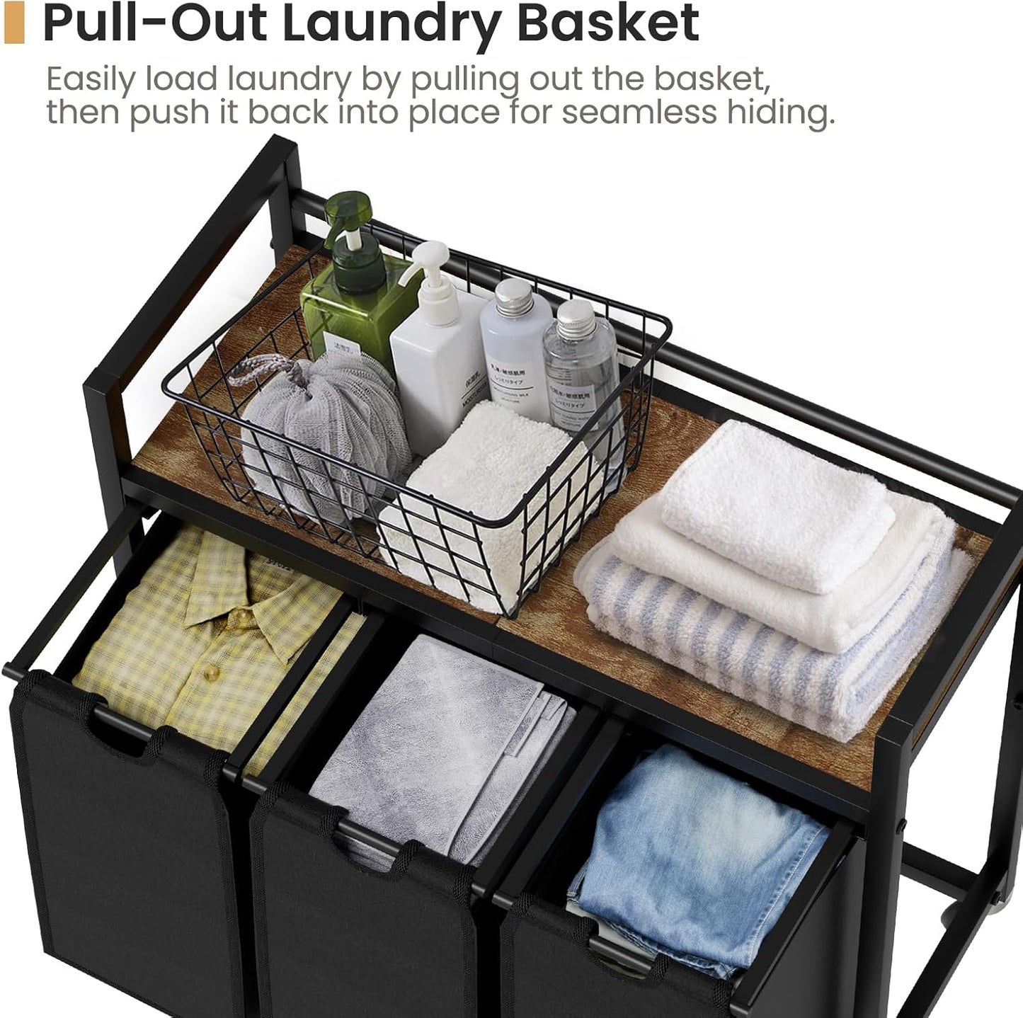 SwaaVee Laundry Sorter, Laundry Hamper 3 Section, 3×11.4Gal, Metal Frame Rolling Laundry Basket with Wooden Top Shelf, Pull out and Removable Laundry Bags, 3 Bags-Black