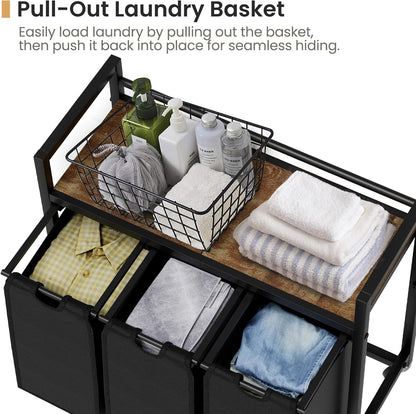 SwaaVee Laundry Sorter, Laundry Hamper 3 Section, 3×11.4Gal, Metal Frame Rolling Laundry Basket with Wooden Top Shelf, Pull out and Removable Laundry Bags, 3 Bags-Black