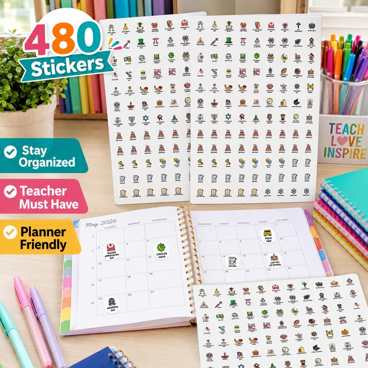 Andaz Press Colorful 7 Days of Week Stickers, Day Week Calendar Stickers for Adults Planner Day Dots Food Labels for Food Containers Date Calendar Planner Stickers Week Day Sticker Labels, 480-Pack