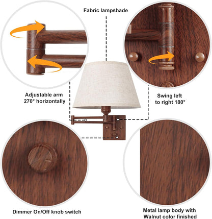 TRLIFE Wall Sconce Plug in, Dimmable Wall Sconces Set of Two Swing Arm Wall Lights with Plug in Cord and On/Off Dimmer Rotary Switch, 9.4" Medium Beige Fabric Shade(2 Pack, 2 Bulbs)