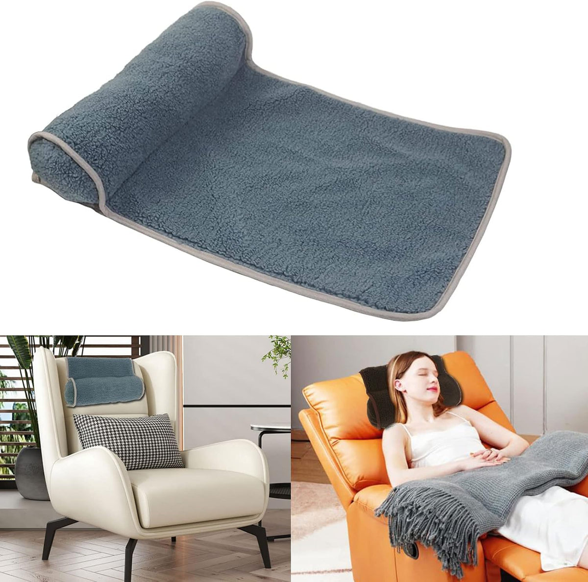 Neck Pillow for Recliner (22x14in) Adjustable Wool Neck Roll, Non-Slip Headrest Sofa Cushion Travel Pillow for Neck and Head Support (Blue)