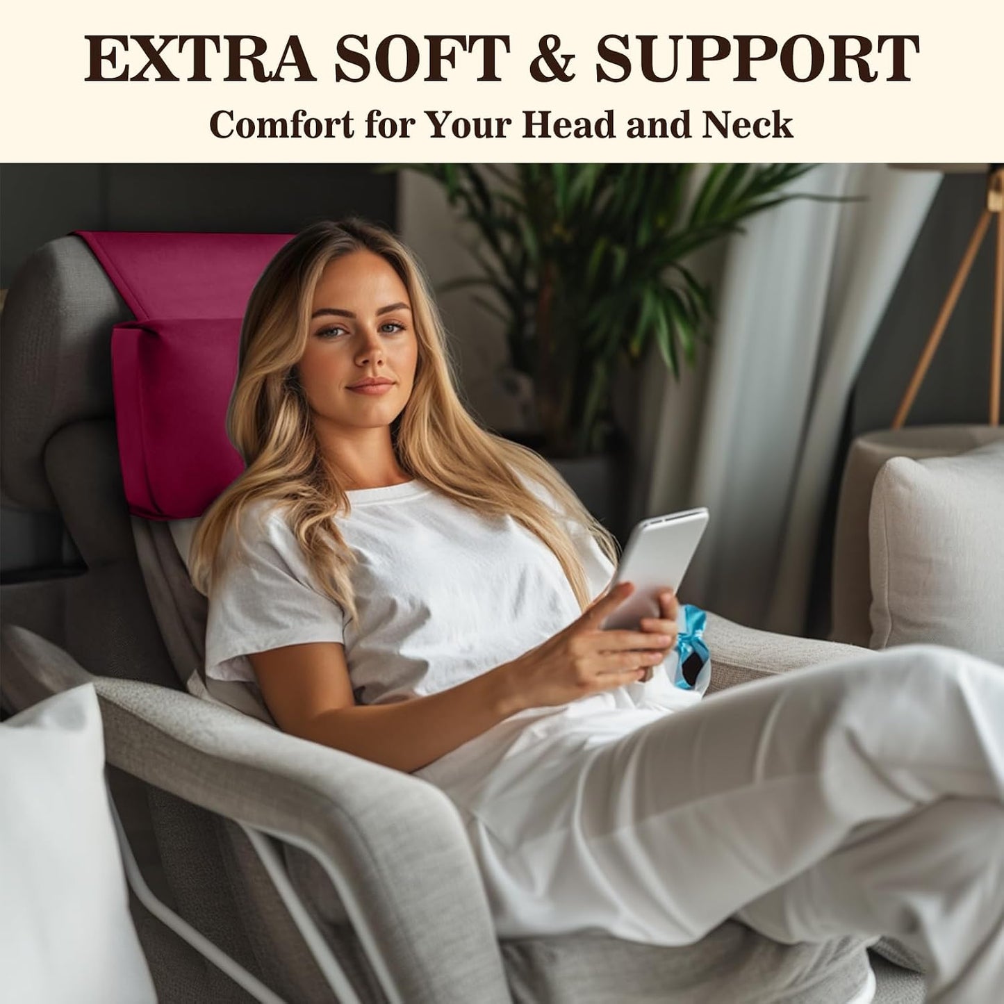 Recliner Headrest Pillow, Adjustable Comfort Neck & Head Support Pillow | Soft Velvet, Weighted Non-Slip Flap, Adjustable Filling, Washable Cover, for Recliners, Sofas, Office Chairs