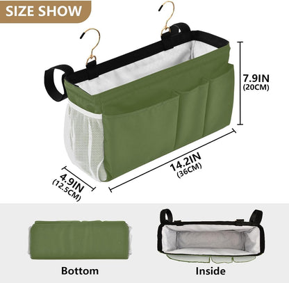 YETTASBIN Olive Green Bedside Caddy Hanging Storage Organizer Bag with 2 Straps & Hooks for Bunk Beds, College Dorm, Hospital Bed - Holder for Books, Phone, Magazine, Glasses, Keys