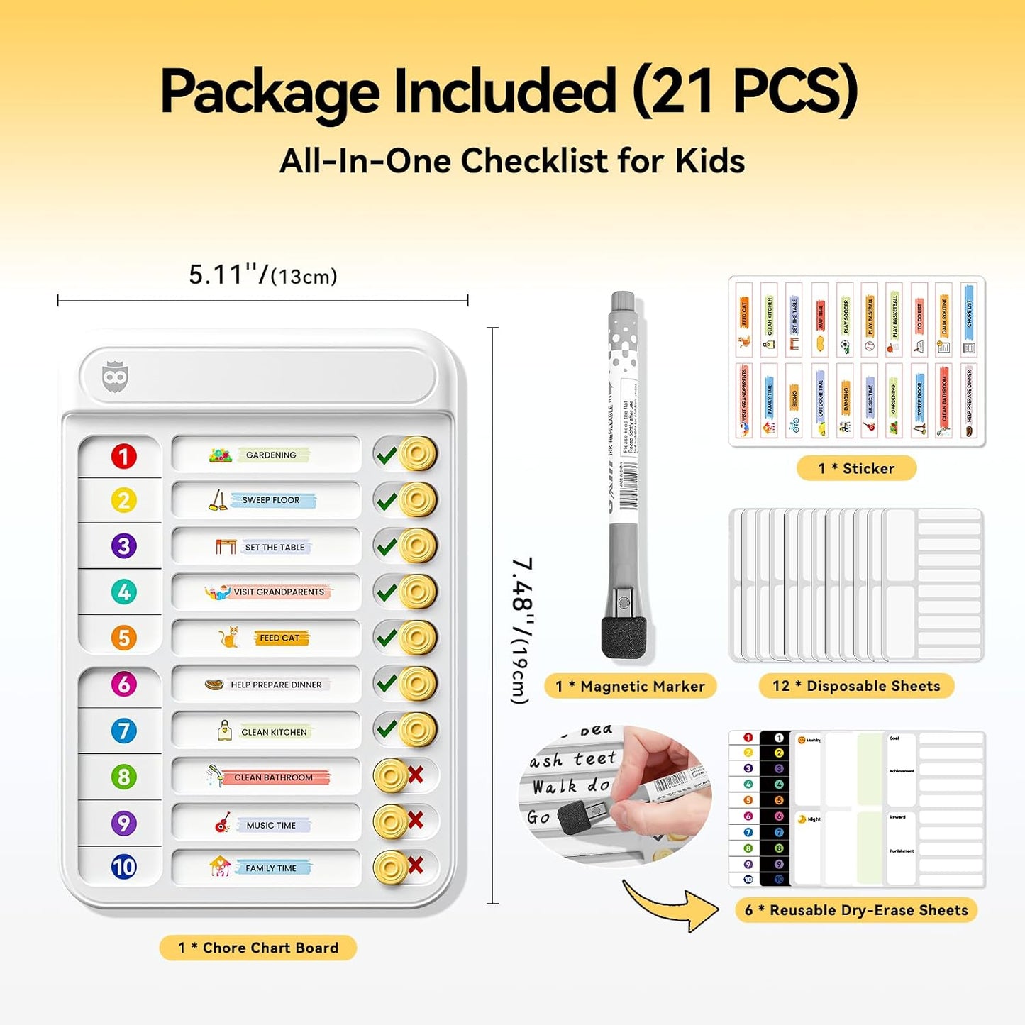 Chore Chart for Kids with Timer, 21 PCS Checklist Magnetic Schedule Board, ADHD Tools with 99-Min Countup/Down Visual Timer, Bedtime/Morning/Daily Routine Chart Dry Erase to Do List with Slider(White)