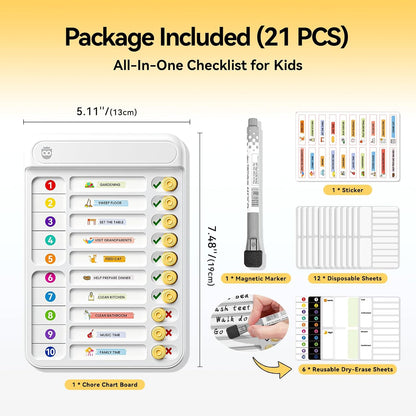 Chore Chart for Kids with Timer, 21 PCS Checklist Magnetic Schedule Board, ADHD Tools with 99-Min Countup/Down Visual Timer, Bedtime/Morning/Daily Routine Chart Dry Erase to Do List with Slider(White)