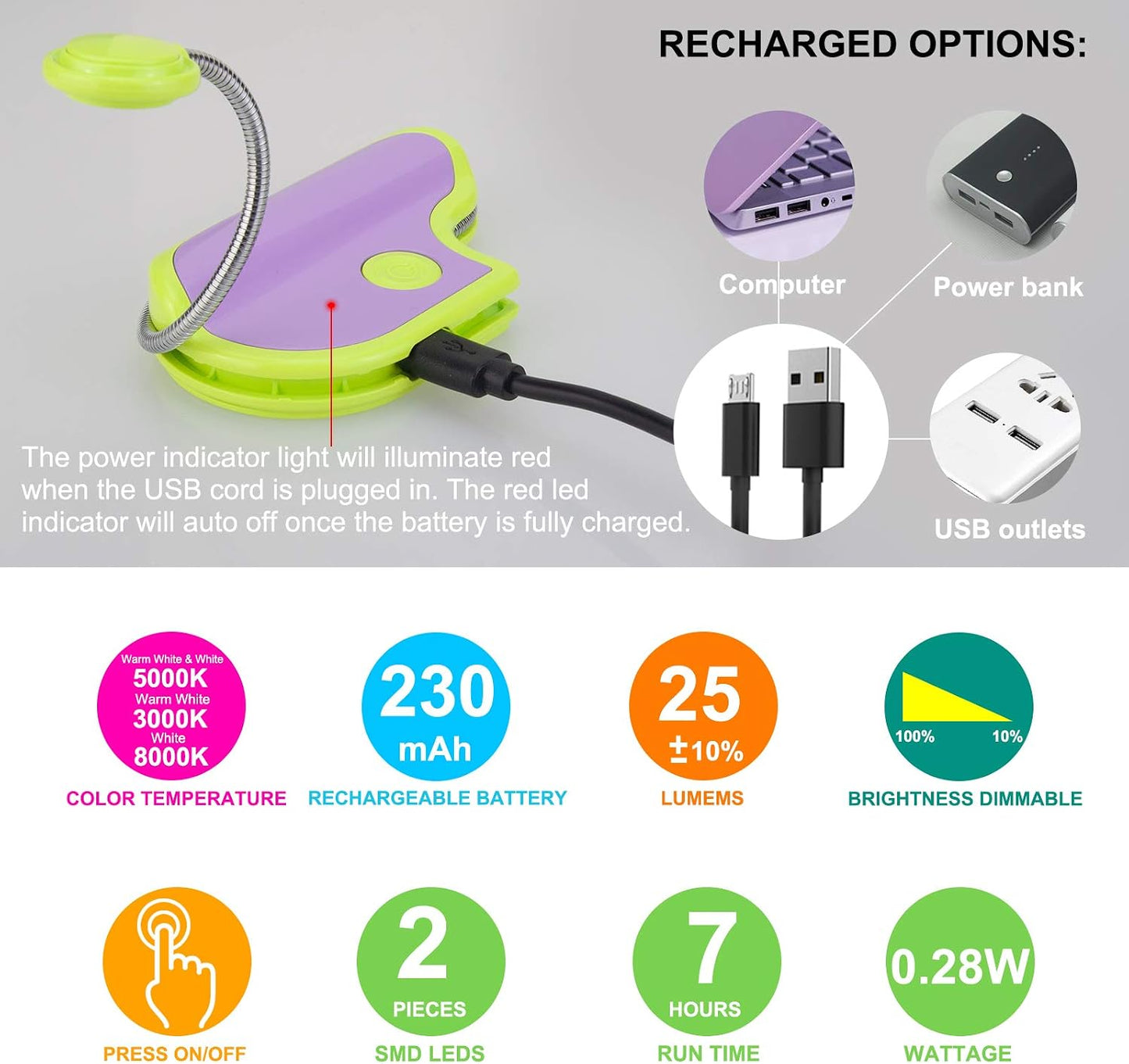 BIGMONAT Rechargeable Book Reading Light in Bed,Dimmable Warm/White Book Light for Kids,Multi Colors Portable LED Reading Lamp with Rotary Light Neck,Wireless Clip on Reading Light for Student(Green)