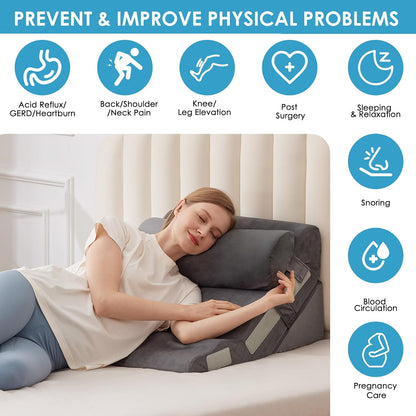 MEGCXIT 3PCS Bed Wedge Pillow for Headboard, Adjustable Wedge Pillow for Sleep Apnea, 23” Wide Triangle Pillow Wedge Set for After Surgery, Acid Reflux Relief, Snoring, Neck&Back Support, White/Grey