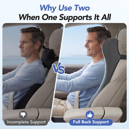 Lumbar Support Pillow for Car with Headrest, Memory Foam Cushion for Back & Neck Support, Muscle Fatigue Relief, Full-Length S-Curve Support for Long Drives, Fits Cars, SUVs, Trucks