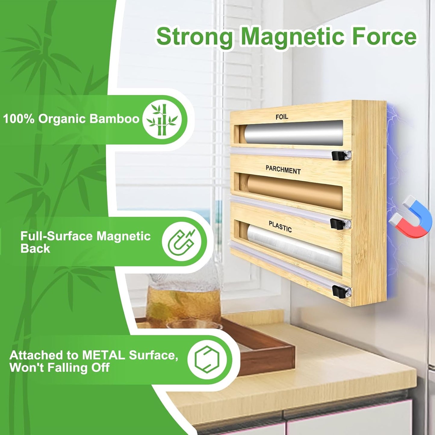 MSJGA Magnetic Plastic Wrap Dispenser with Cutter for Drawer&Refrigerator | 3 in 1 Fridge Bamboo Organizer for Tin Foil, Baking Paper, Wax Paper Holder Kitchen Storage Box Compatible,13" x 8.2" x 2.7"