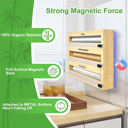 MSJGA Magnetic Plastic Wrap Dispenser with Cutter for Drawer&Refrigerator | 3 in 1 Fridge Bamboo Organizer for Tin Foil, Baking Paper, Wax Paper Holder Kitchen Storage Box Compatible,13" x 8.2" x 2.7"
