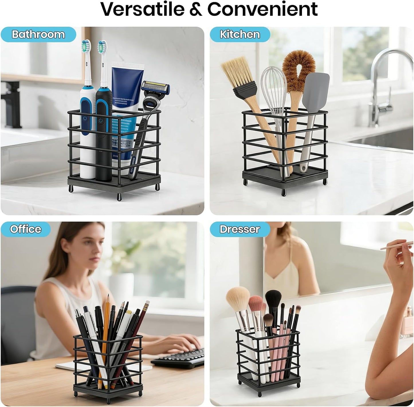 Toothbrush Holder with Quick Drying Mat—Toothbrush and Toothpaste Holders for Bathrooms—5 Slots Openwork Design Black Toothbrush Holder Set,Bathroom Counter Organizer for Electric Toothbrush
