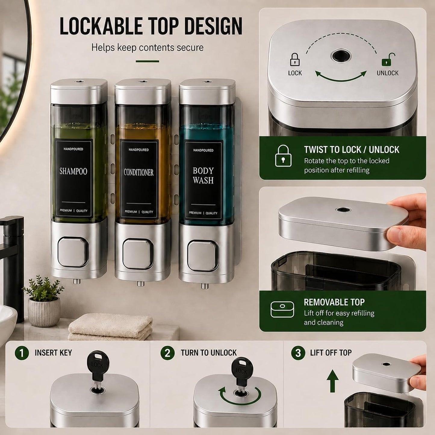 Shampoo and Conditioner Dispenser, Shower Soap Dispenser Wall Mounted, Shower Dispenser 3 Chamber No Drill for Bathroom Large Capacity (Silver)