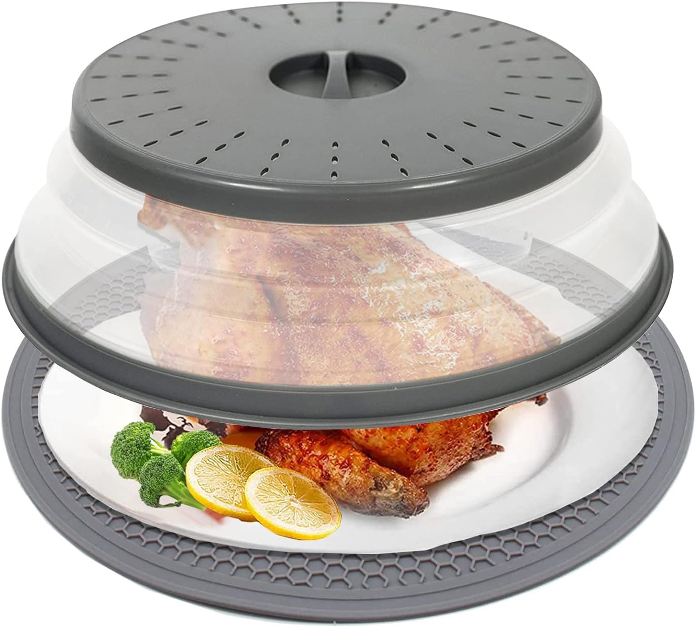 12“ Large Microwave Splatter Cover & Silicone Mat,12 Inchs Vented Collapsible Guard dish Plate lid & Round Kitchen mat for food