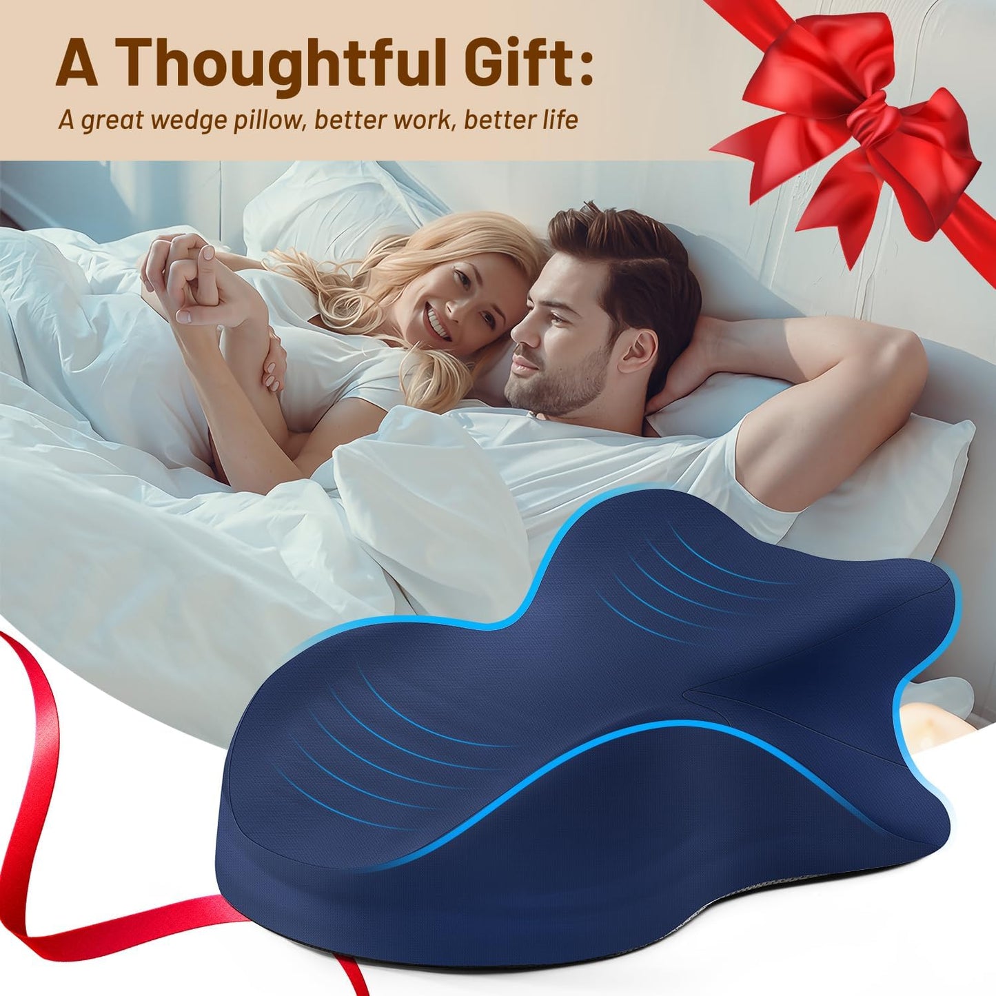 Memory Foam Ergonomic Wedge Pillow, Reading Pillow for Bed, Headboard Pillow Support for Back Pain, Acid Reflux & Sitting Up, Ideal for Massage with Removable Cover