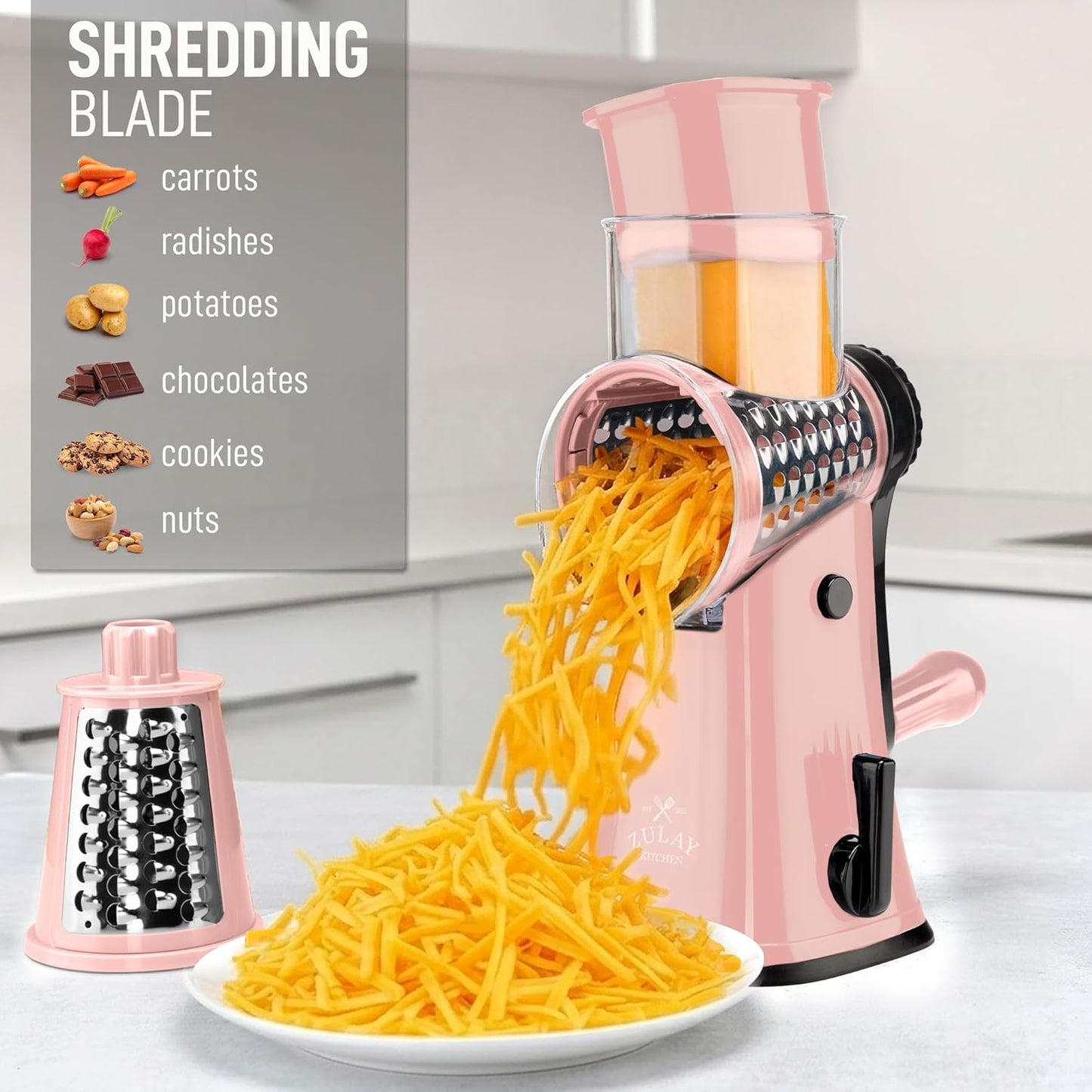 Zulay Kitchen Rotary Cheese Grater 5 Blade Cheese Shredder - Manual Hand Crank Cheese Grater With Reinforced Suction & 5 Interchangeable Drums - Easy to Use, Vegetable Chopper Round Mandoline Slicer - Colors A