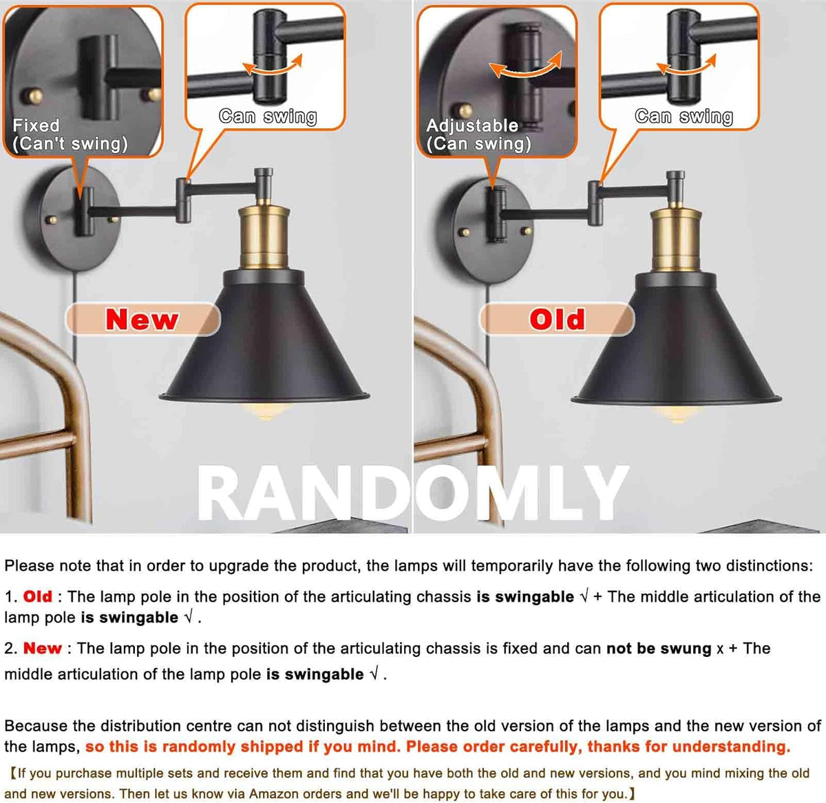Swing Arm Wall Lamp Plug-in Cord Industrial Wall Sconce, Bronze and Black Finish,with On/Off Switch, E26 Base,1-Light Bedroom Wall Lights Fixtures,Bedside Reading Lamp