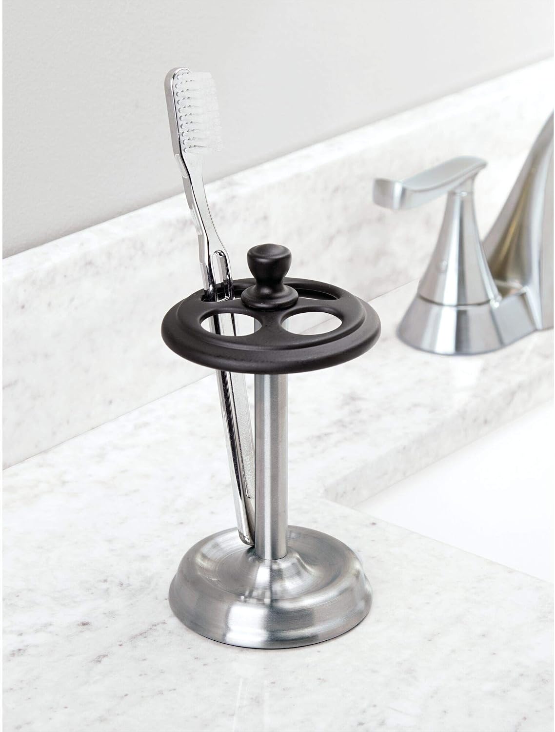 iDesign Steel Divided Toothbrush Holder Stand, 3.25" x 3.25" x 5.75" | Four Divided Compartments, Brushed Nickel & Polished Chrome