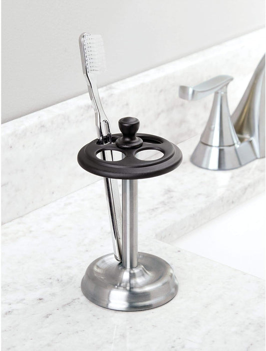 iDesign Steel Divided Toothbrush Holder Stand, 3.25" x 3.25" x 5.75" | Four Divided Compartments, Brushed Nickel & Polished Chrome