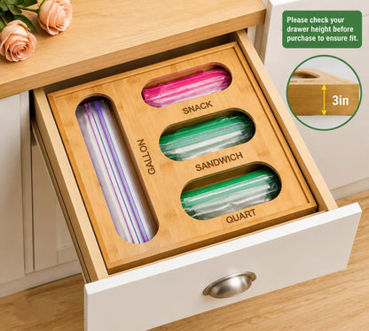 6-in-1 Bamboo Kitchen Drawer Organizer for Storage Bag, Foil & Plastic Wrap | Saran Wrap Dispenser with Cutter, Plastic & Grocery Bag Holder, Bamboo Drawer Organizer, Gallon/Quart Storage Bags