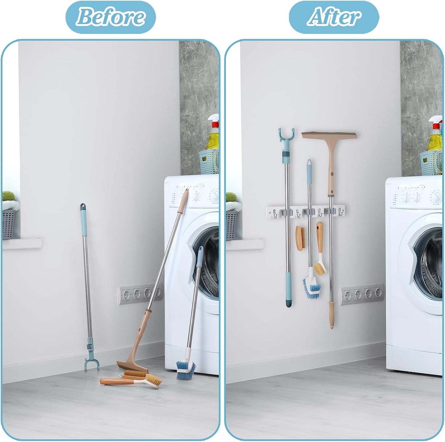 White Broom Holder Wall Mount - Heavy Duty Wood Mop and Broom Organizer with 5 Slots & 4 Hooks - Garden Tool Hanger for Laundry Room Closet Kitchen Garage Storage and Organization - Modern Home Decor