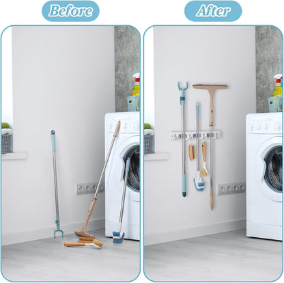 White Broom Holder Wall Mount - Heavy Duty Wood Mop and Broom Organizer with 5 Slots & 4 Hooks - Garden Tool Hanger for Laundry Room Closet Kitchen Garage Storage and Organization - Modern Home Decor