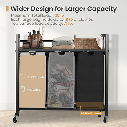 SwaaVee Laundry Sorter, Laundry Hamper 3 Section, 3×11.4Gal, Metal Frame Rolling Laundry Basket with Wooden Top Shelf, Pull out and Removable Laundry Bags, 3 Bags-Black