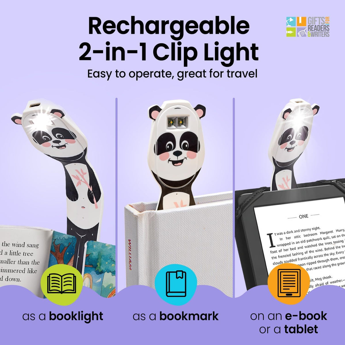 Gifts for Readers & Writers Rechargeable Book Light for Kids, Clip On Reading Light for Bed, 2in1 Flexilight Pals & Bookmark, 12 Hours of Light Once Charged, Includes USB Cable & 2 LED Lights, Dog