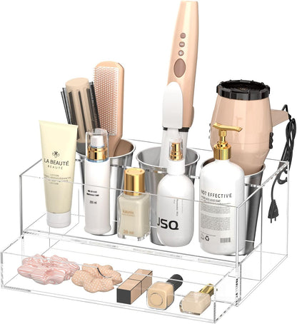 NIUBEE Acrylic Hair Tool Organizer,Hair Dryer Holder Countertop with 3 Cups | Clear, Hot Tools Organizer, Hair Blow Dryer Organizer for Curling Iron, Brush, Straightener, Makeup,Skincare,Vanity, Bathroom