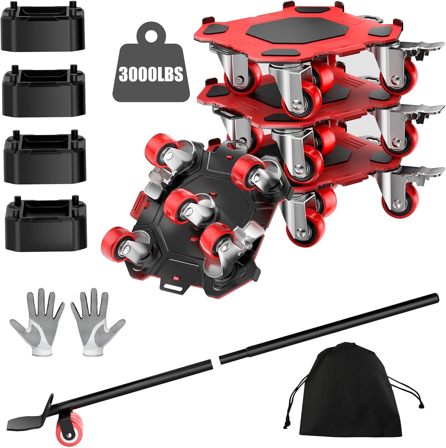 LOYAL TIGER 1500LBS Heavy Duty Furniture Dolly & Movers Set (5.4 Inch, Red) | 5-Wheel Carbon Steel Rollers with Locking Casters & Lifter. Moving Kit for Refrigerator, Washer, Sofa & Cabinet.