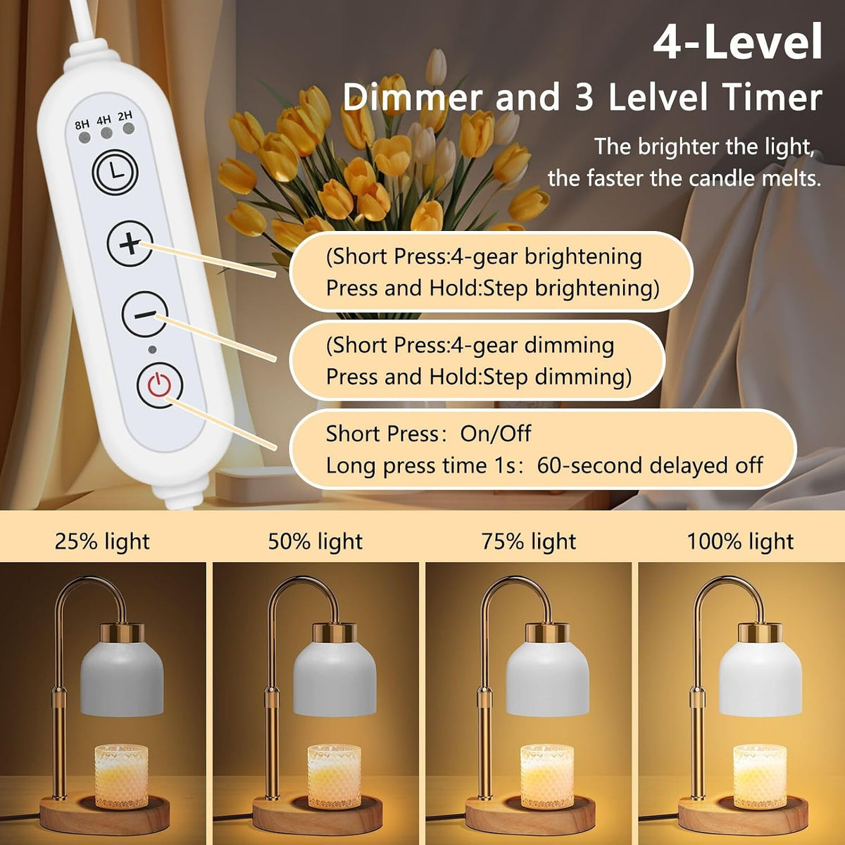 Candle Warmer Lamp with Timer Dimmer, Height & Brightness Adjustable