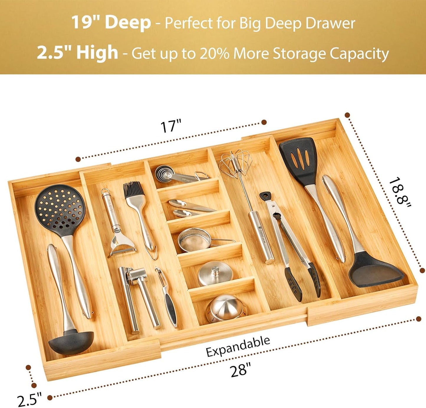 Large Expandable Kitchen Silverware Utensils Drawer Organizer, 2.5" Extra High Adjustable Drawer Divider with Curved Grooves, Bamboo Wood Cutlery Tray Flatware Holder