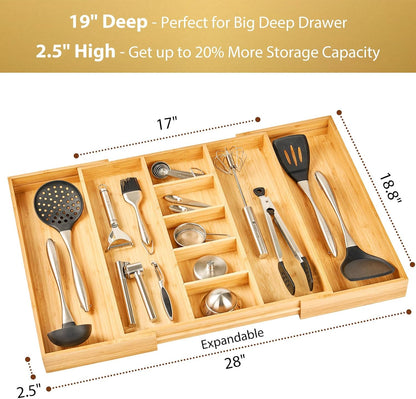 Large Expandable Kitchen Silverware Utensils Drawer Organizer, 2.5" Extra High Adjustable Drawer Divider with Curved Grooves, Bamboo Wood Cutlery Tray Flatware Holder