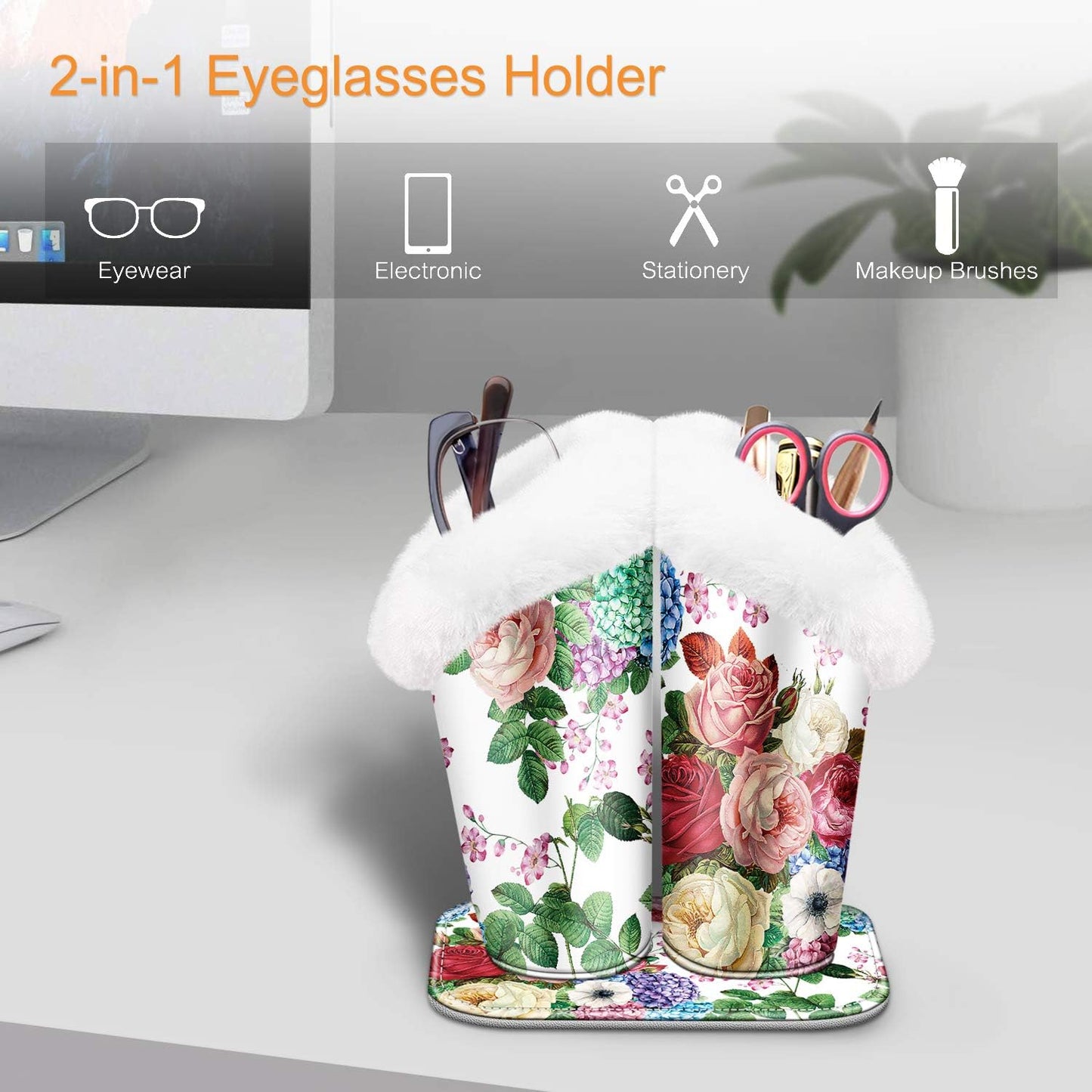 FINTIE Plush Lined Double Eyeglasses Holder with Magnetic Base for Desk | Soft Plush Lining, Glasses Stand Case For Nightstand / Bedside, Office Desktop Organizer, Small Item Storage