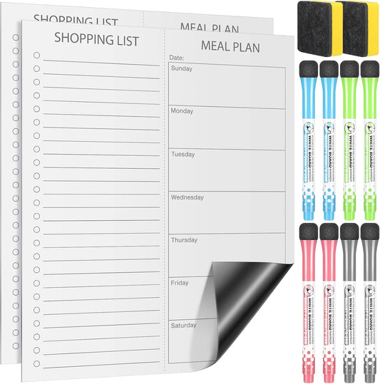 Gueevin 2 Pcs Magnetic Dry Erase Grocery List for Fridge 10" x 12" Magnet White Board Sheet with 8 Whiteboard Markers 2 Eraser Reusable for Refrigerator Kitchen Locker Cabinet Door(Gray Line)