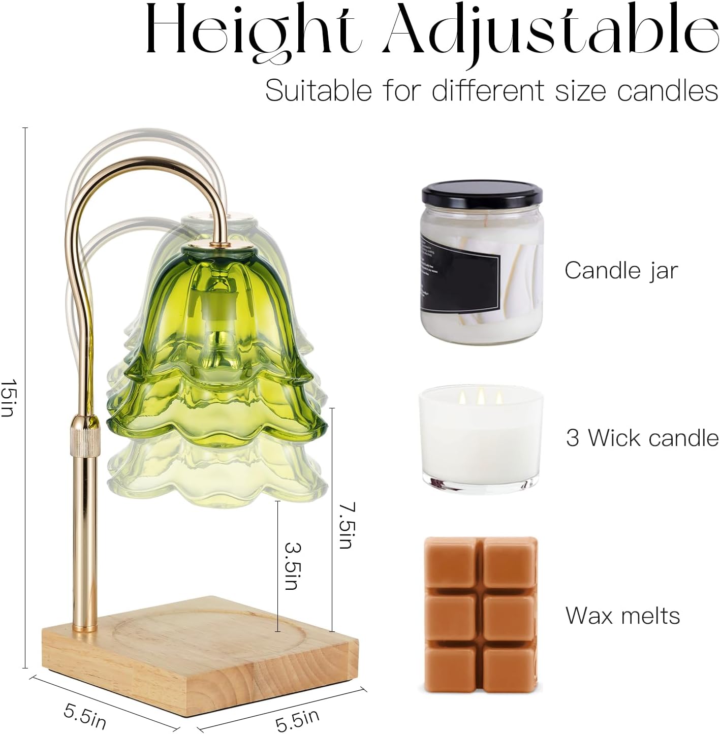 Candeldo Candle Warmer Lamp with Timer, Gold Flower Glass Shade | Height Adjustable, Dimmable, Fits 3-Wick Candles and Wax Melts, Ideal for Bedroom Decor, Birthday Gifts for Women