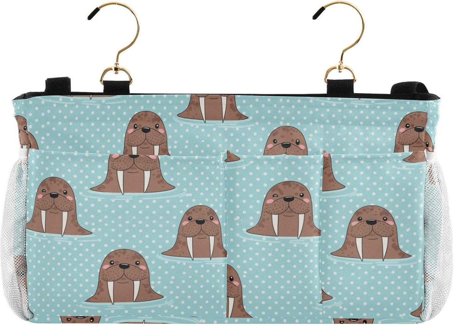 Walrus Blue Print Bedside Caddy Storage Bag Bedside Organizer for Bed Rails College Dorm Room Organizer Caddy Hanging Shelf 6 Pockets with Hooks for Glasses Book Tablet Holder