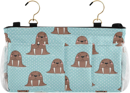 Walrus Blue Print Bedside Caddy Storage Bag Bedside Organizer for Bed Rails College Dorm Room Organizer Caddy Hanging Shelf 6 Pockets with Hooks for Glasses Book Tablet Holder