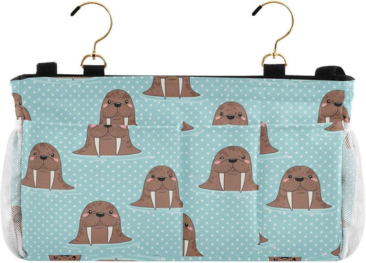 Walrus Blue Print Bedside Caddy Storage Bag Bedside Organizer for Bed Rails College Dorm Room Organizer Caddy Hanging Shelf 6 Pockets with Hooks for Glasses Book Tablet Holder