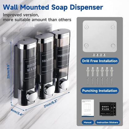 Shampoo and Conditioner Dispenser, Shower Soap Dispenser Wall Mounted, Shampoo Dispenser for Shower Wall No Drill, Bathroom Body Wash Dispenser 3 * 350ml Silver 3 Chamber
