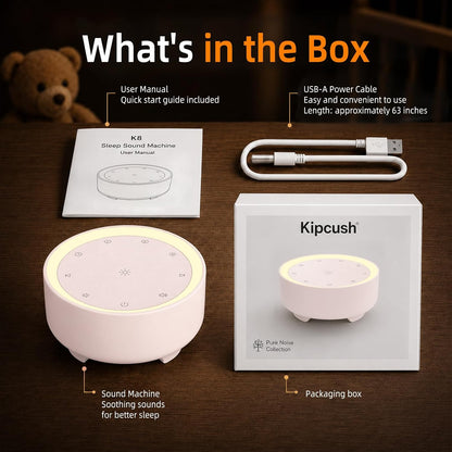 Kipcush White Noise Machine for Sleeping, Baby & Adults, High-Fidelity Non-Looping Sounds, Sleep Sound Machine with Dimmable Night Light, USB Powered, Memory Function, Home, Nursery & Travel