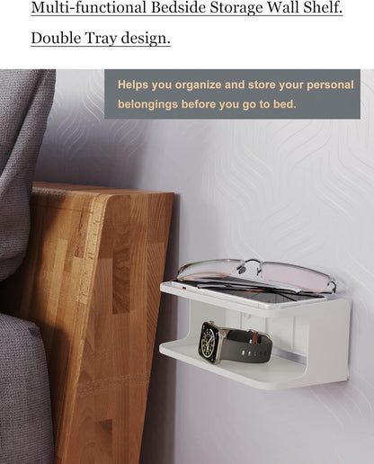 Bedside Wall Shelf Organizer, Small Bedside Shelf, (Black) | Wall Mount for Bed, Stick on Wall Shelf, Double Tray Holder for Storing Cellphone, Glasses, Keys, Camera , Alarm Clock