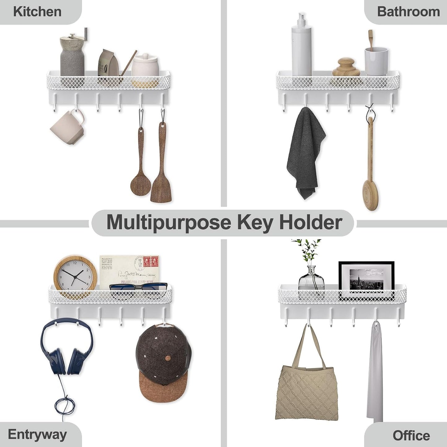 Lwenki Key Holder for Wall – Decorative Stainless Steel Key Hanger with 6 Hooks for Hats, Bags, Leashes – Mail Holder Key Rack with Mounting Hardware and Guide (9.65” x 2.8” x 2.2”) (Black)