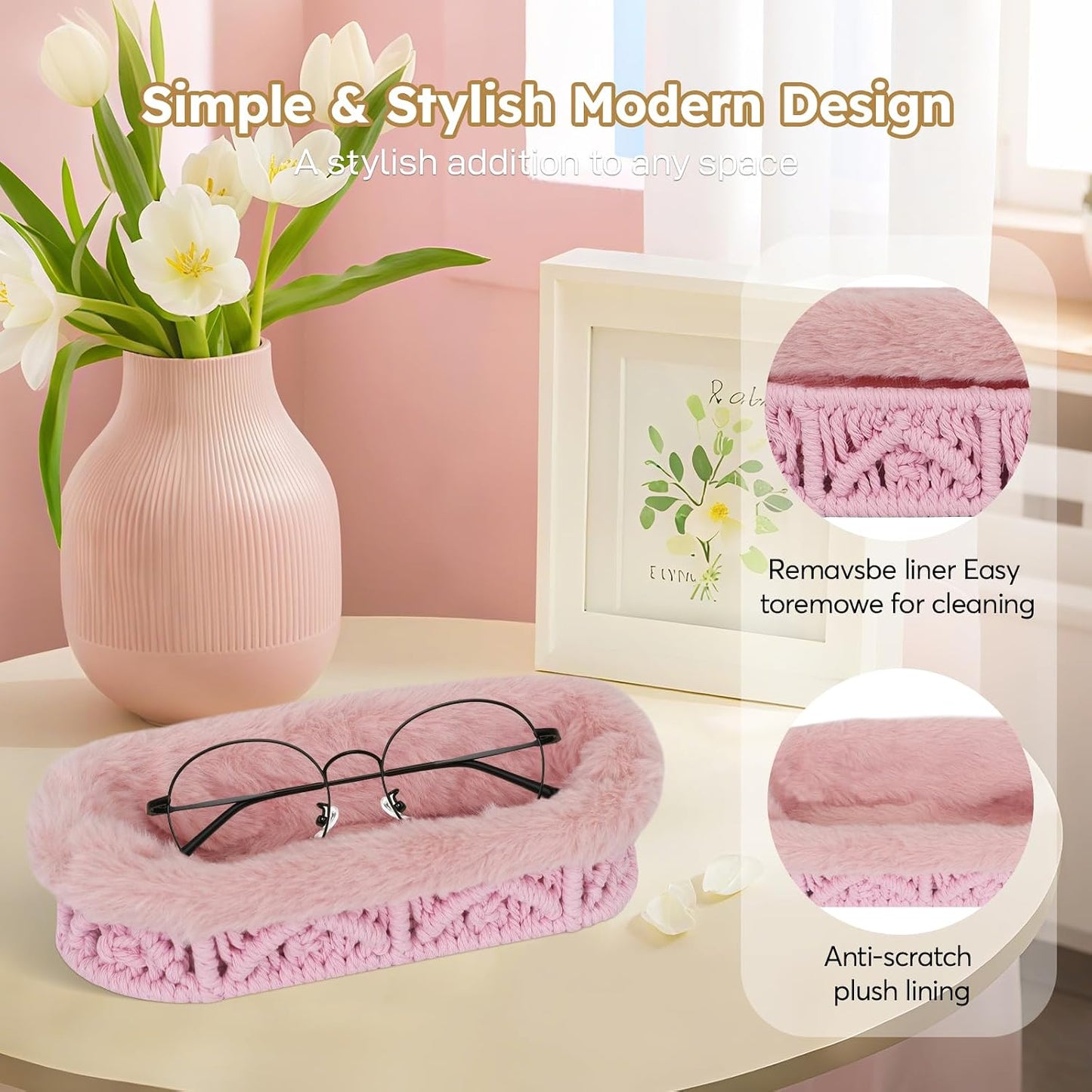 Glasses Holder, Anti-scratch Plush Lined Eyeglass Holder Stand | Oval Eye-glasses Storage Organizer Case for Nightstand, Office Desk, Bedside Table, Beige