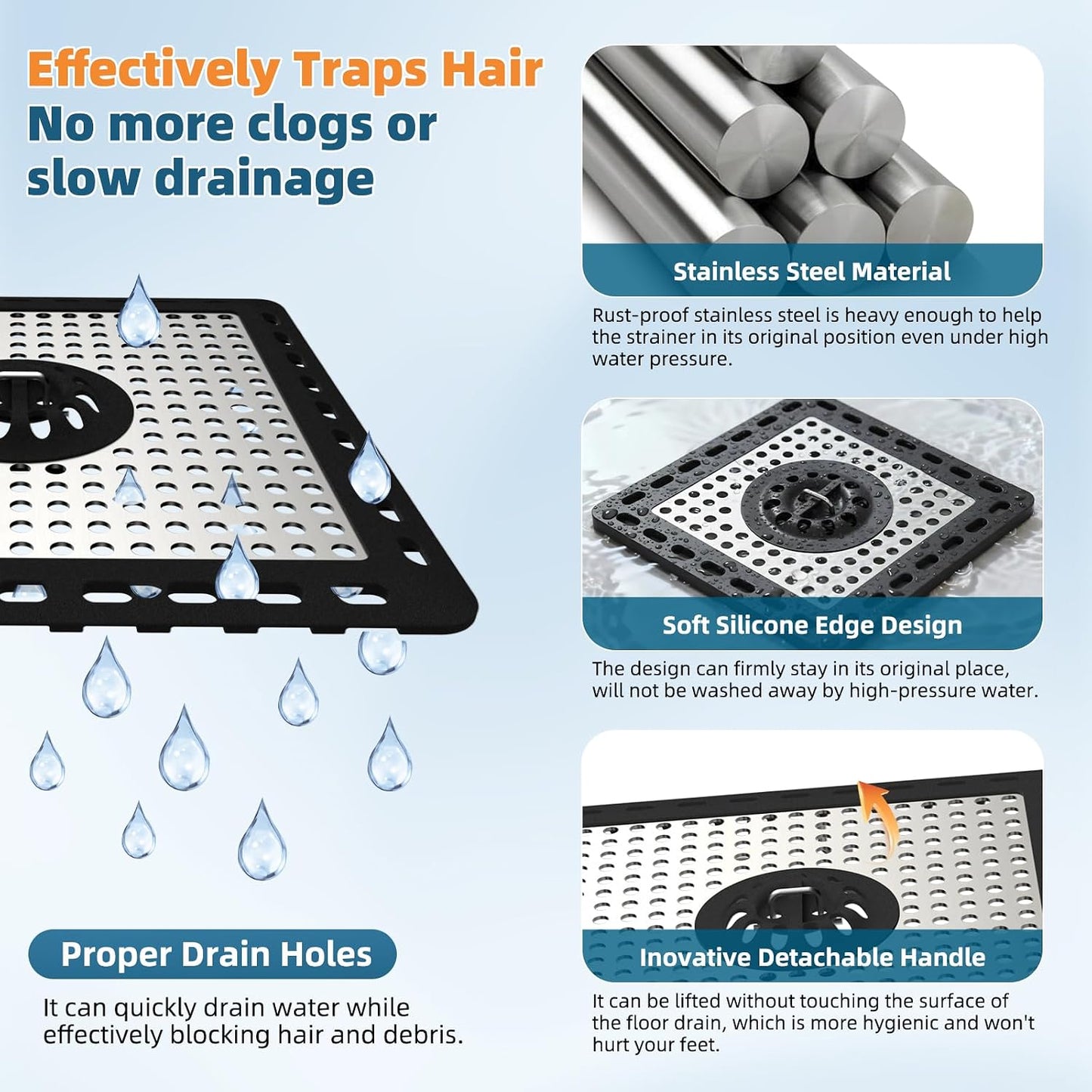 Hibbent Upgraded Shower Drain Hair Catcher for Bathroom Floor 4" Drain, Anti-Clogging Shower Drain Cover, Stainless Steel & Silicone Drain Strainer with Handle, Shower Drain Protector, Grey