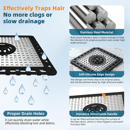 Hibbent Upgraded Shower Drain Hair Catcher for Bathroom Floor 4" Drain, Anti-Clogging Shower Drain Cover, Stainless Steel & Silicone Drain Strainer with Handle, Shower Drain Protector, Grey