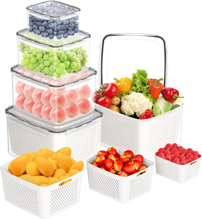 Fruit Storage Containers for Fridge - 5 PCS Poduce Containers for Fridge - with Removable Drain Basket - Keep Fruit Lettuce Berry Vegetables Meat Food Stay Fresher Longer