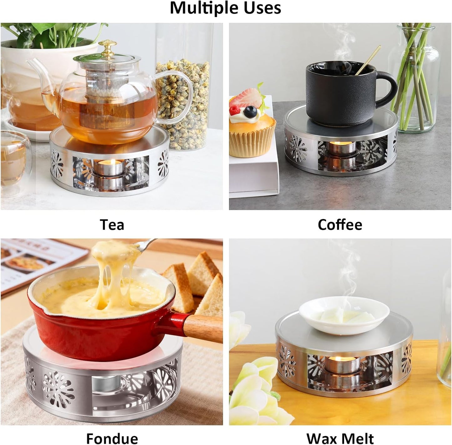 Tea Warmer Petals Silhouette, Silver Brushed Stainless Steel | Teapot Warmer Includes 1 Tealight Holder